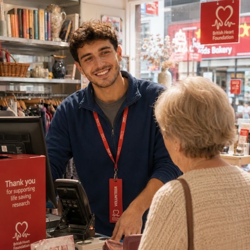 Chico español realizando un voluntariado en una tienda benéfica en Reino Unido.