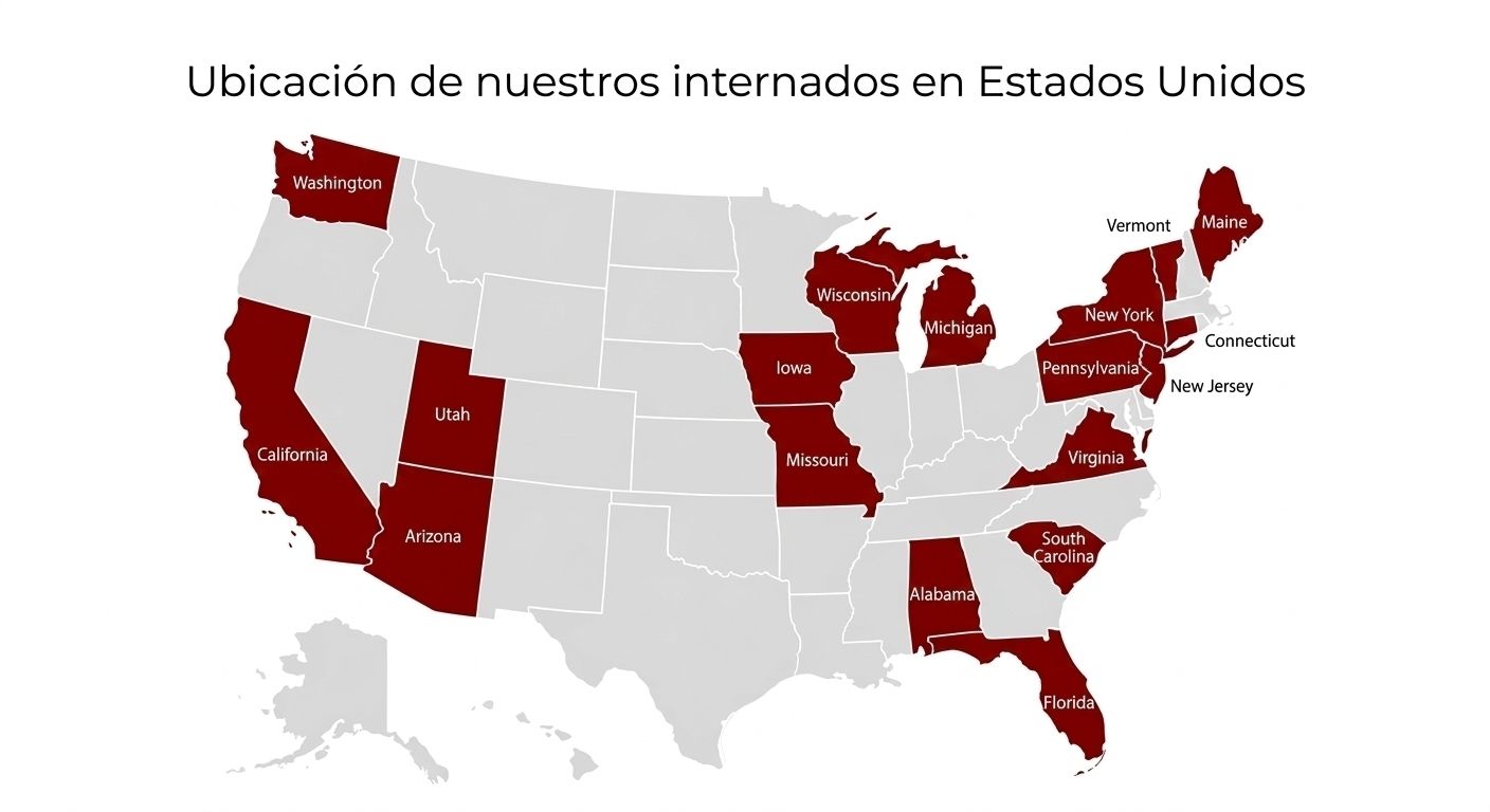 Mapa con la ubicación de los internados en Estados Unidos con los que trabaja OTR Idiomas