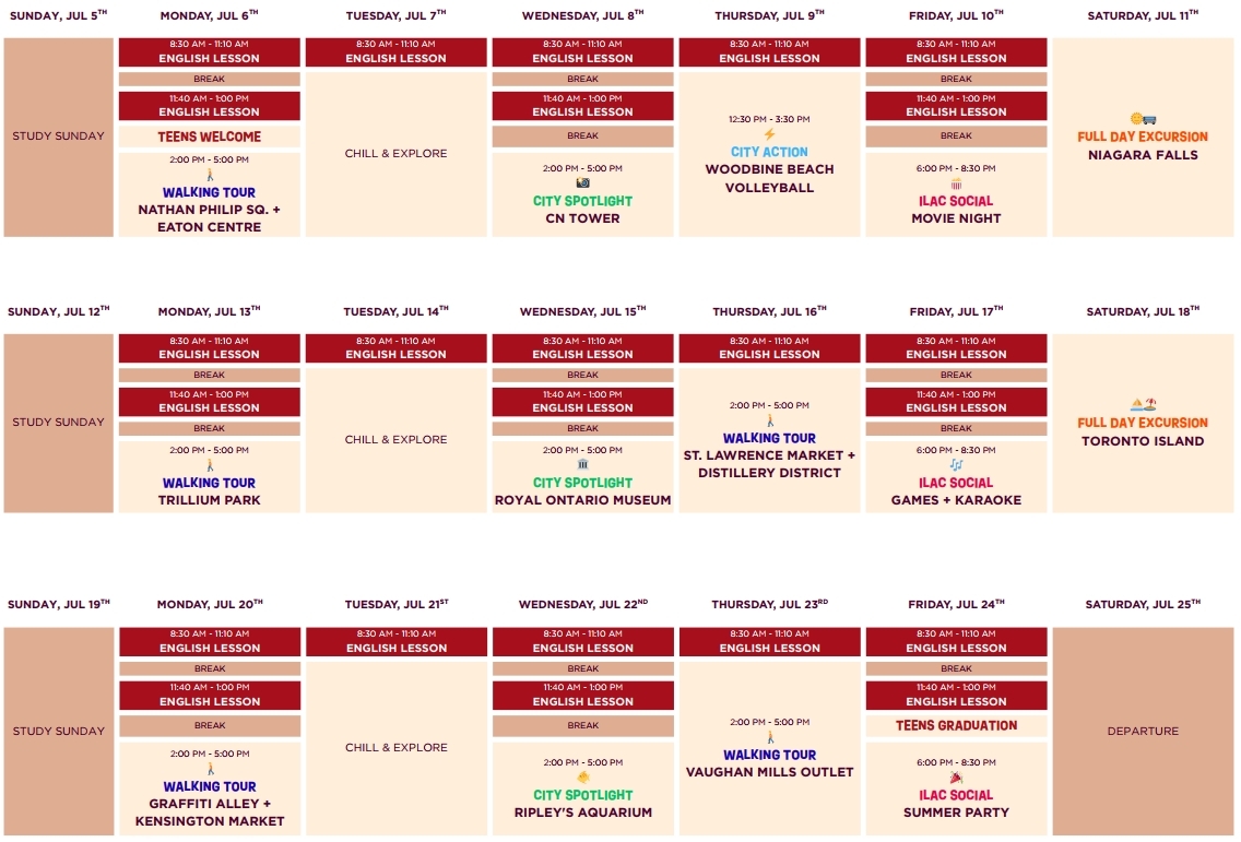 tabla horario ejemplo curso de ingles para jovenes en toronto