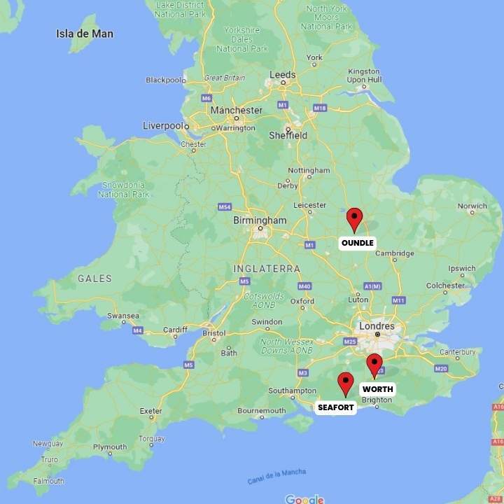 Mapa con ubicaciones del campus inglés y danza en Inglaterra