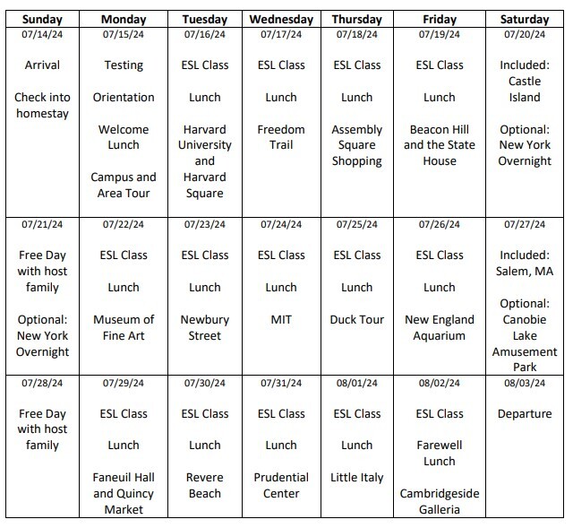 horario ejemplo campamento boston