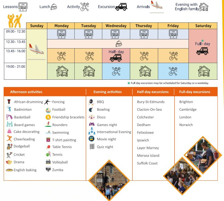 Horario ejemplo de actividades del campamento de verano en Colchester