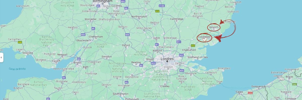 Ubicación en el mapa de los campamentos en Colchester e Ipswich