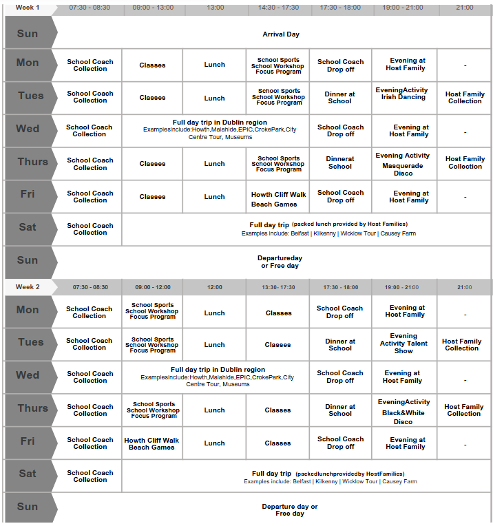 horario ejemplo campamento en Dublín