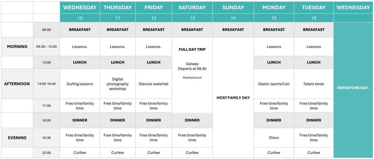 horario ejemplo del campamento de verano en Sligo, Irlanda