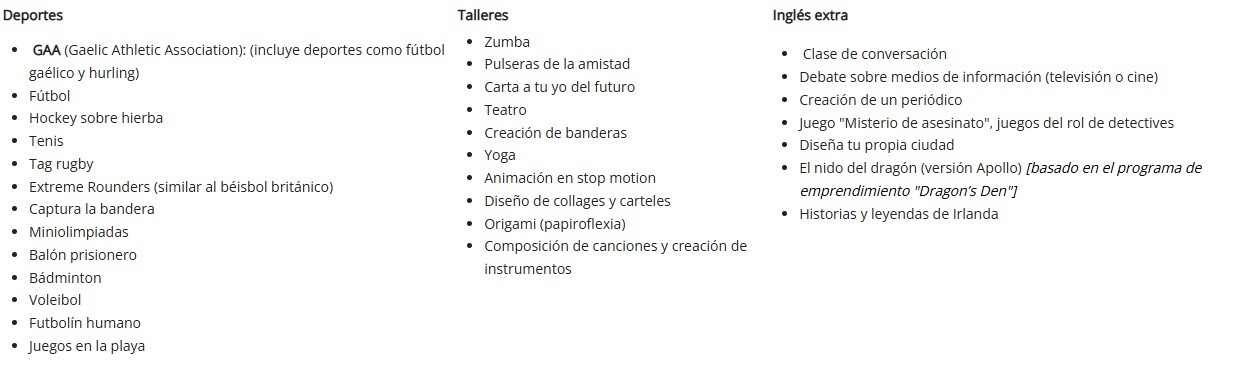 Listado de actividades que se llevan a cabo en el camp de Dublín