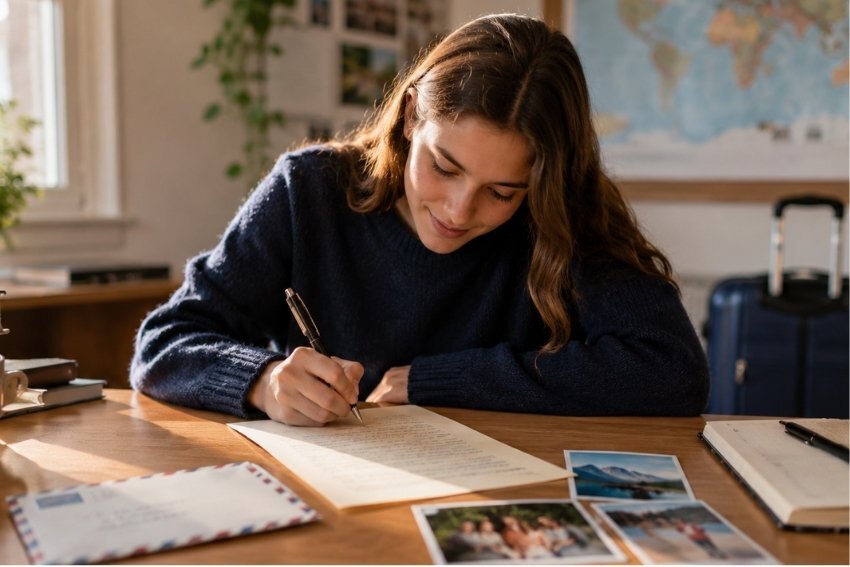 Estudiante escribiendo una carta para su posible Host family en el extranjero