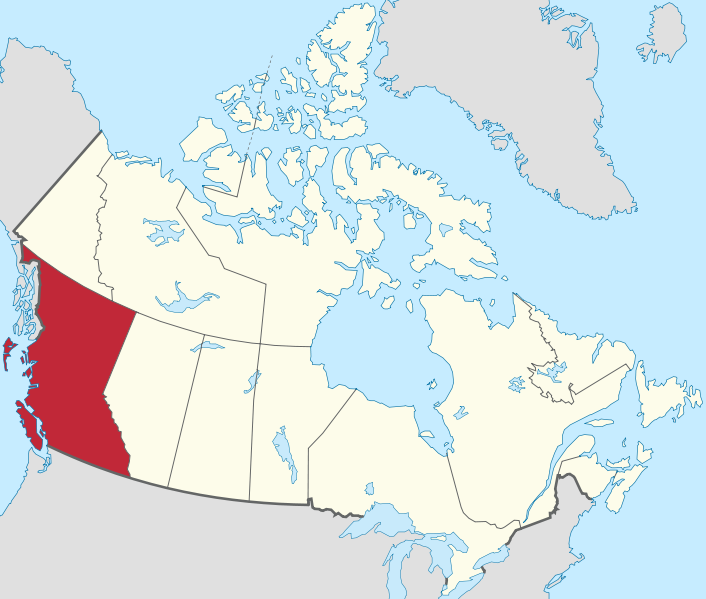 Mapa indicando la ubicación de la Columbia Británica dentro de las provincias y territorios de Canadá