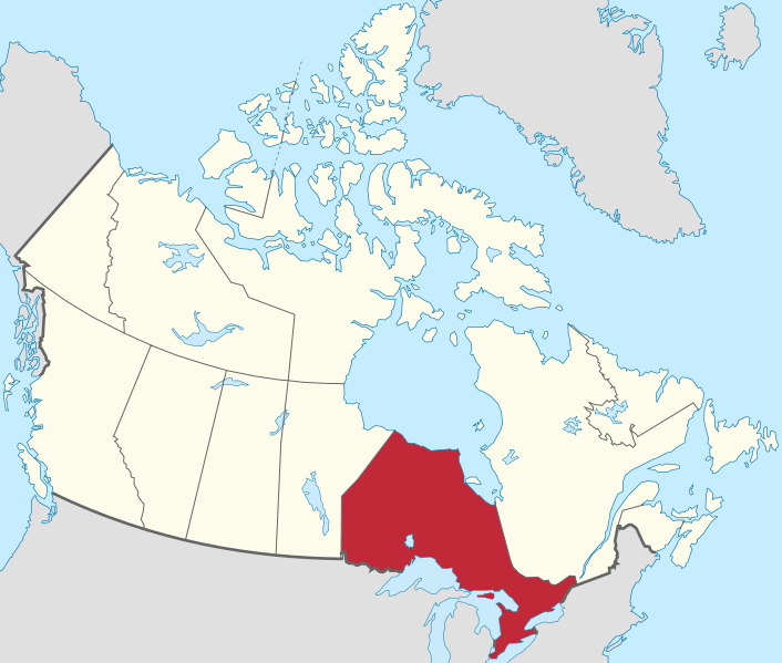 Mapa indicando la ubicación de Ontario dentro de las provincias y territorios de Canadá