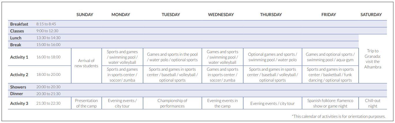 activity timetable spain summercamps