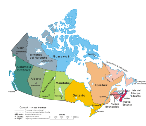 Mapa de provincias y territorios de Canadá
